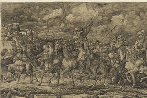 Hizmetçiler ve sığırlarla çevrili karılarıyla birlikte bir manzarada at sürüyorlar. by Rodolphe Bresdin
