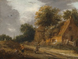Bir kulübenin önünden geçen üç figür by Roelof Jansz van Vries