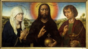 Bakire ve Aziz John the Evangelist arasındaki kurtarıcı Mesih Üç Parçalı Braque diyor. Resim Rogier (Roger) Van Der Weyden (1400 - 1464) by Rogier van der Weyden