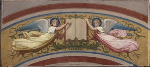 Saint-François-Xavier kilisesi için eskiz: İki Melek tarafından desteklenen İncil kitabı, 1874-1876 yılları arasında (guaj üzerine yağlıboya, suluboya, kağıt) by Romain Cazes