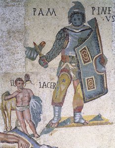 Gladyatörler arasındaki savaş, bir hançer ve kalkanla donanmış bir gladyatörün detayı, MS 320 (mozaik) by Roman