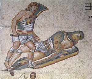 Gladyatörler arasındaki savaş, bir gladyatörün diğerini yere çivileme detayı, MS 320 (mozaik) by Roman