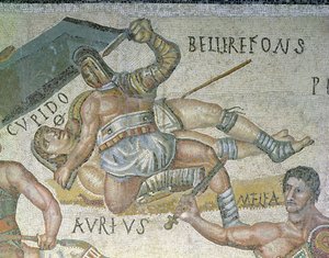Gladyatörler arasındaki savaş, bir gladyatörün diğerini yere çivileme detayı, MS 320 (mozaik) by Roman