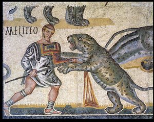 Yaban kedilerine karşı gladyatörlerin savaşı, bir yaban kedisinin içinden geçen bir gladyatörü tasvir eden detay, MS 320 (mozaik) by Roman