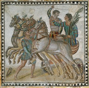 Başlangıç pozisyonunda arabacılar ve beyaz atın yanında bir damat (ön planda) ile araba (quadriga) yarışı - Mozaik, 3. yüzyıl by Roman