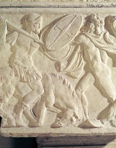 Galat taşıyla savaşan bir Roma askerini betimleyen bir lahit detayı by Roman
