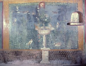 Çeşme, maske ve kuşlar, Kabuklu Venüs Evi, Pompei, İtalya (fresk) by Roman