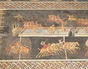 Fransa, Lyon, Sirk oyunlarını tasvir eden mozaik çalışması, Quadriga yarışı by Roman