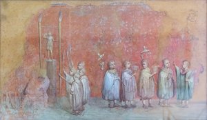 Çocukları bir geçit töreninde tasvir eden bir takvimin fresk parçası, muhtemelen imparator Severus'un doğum günü kutlamaları ve MS 3. yüzyıl Nisan ayını temsil ediyor (fresk) by Roman