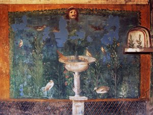 Çeşme, maske ve kuşlar ile fresk, Kabuklu Venüs Evi, Pompeii, Campania, İtalya, Roma uygarlığı by Roman