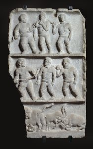 3 kayıtlı mermer kabartma: zincirli ve hayvanlardaki köleler, MS 200 dolayları (mermer) by Roman