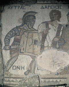 Mozaik duvardaki iki gladyatörün resmi, Kourion, Limasol, Kıbrıs by Roman