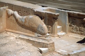 Roma Tiyatrosu sahnesinin önünde bir yunus kabartması (fotoğraf) by Roman