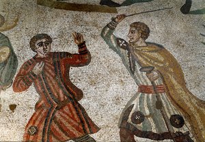 Roma Sanatı: Mozaiğin detayı “” Büyük Av”” Romalı bir aristokrat, kölelerinden birini sopayla cezalandırır. 315-350 AD. Piazza Armerina, Villa Romana del Casale by Roman