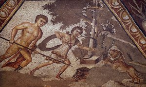 Roma Sanatı: İki avcıyı temsil eden Konstantin “Daphne” villasının avlusundan mevsimlerin mozaiği. Detay. Antioche-sur-l