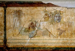 Roma Sanatı: “”Tiyatro Maskeli Natürmort”” Detay. MÖ 25-19 civarında fresk Dim 23 cm Roma, Ulusal Roma Müzesi (veya Terme) by Roman