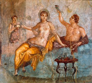 Roma Sanatı: ziyafet sahnesi, genç bir adam ve bir fahişe (antik roma