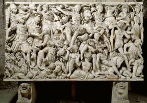 Roma Sanatı: Romalıları barbarlara karşı savaş sahnesine sahip lahit Ludovisi - MS 3. yüzyıl, Dim. 153x273 cm - Roma, Museo Nazionale Romano - Ostiliano, İmparator Decius