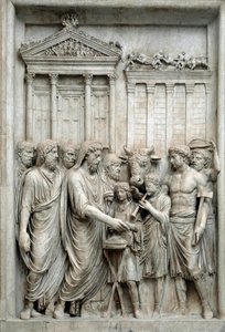 Roma İmparatoru Marcus Aurelius, Jüpiter Tapınağı önünde kurban verirken, Roma, c.161-180 (Mermer kabartma) by Roman