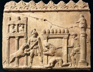 Sirkte savaşan aslanları ve gladyatörleri betimleyen Roma Rölyefi by Roman