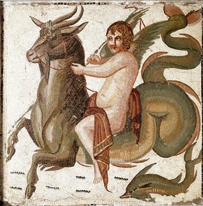 Roma sanatı: “Bir deniz yaratığına binen aşk tanrısı” İmparator Septius Severe ailesinin bir villasından mozaik. JC'den sonra 2. yüzyılın sonu. Roma, Museo Nazionale Romano by Roman