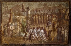 Roma sanatı: Truva atının “” Tabula Iliaca”” girişi. Truva atları atı surlara çekerken Cassandre onlara karşı koymaya çalışır. Pompei'den fresk. Napoli, Museo Archeologico Nazionale by Roman