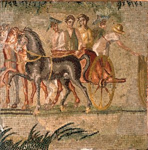 Roma sanatı: Antik çağda tank yarışı. 3. yüzyıl mozaiği. Madrid, Museo Arqueologico Nacional. by Roman