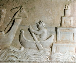 Roma sanatı: “” Ostia (Ostia) limanında bir gemiye rehberlik eden bir denizci, şehrin deniz feneri görünür”” MS 1. yüzyıldan bir kabartma detayı. Ostia, Museo Ostiense by Roman