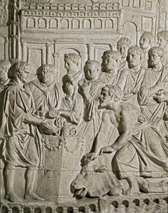 Roma sanatı: Romalılara haraç ödeyen Sarmat vatandaşlarını temsil eden alçak kabartma. Marc-Aurele (Marx Aurele) sütununun kabartmalarından. MS 2. yüzyıl. Roma, Museo della Civilta Romana by Roman