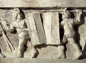 Roma sanatı: bir gladyatör savaşını temsil eden alçak kabartma. 1. yüzyıl. Roma, Museo della Civilta Romana by Roman