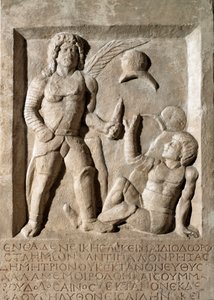 Roma sanatı: bir gladyatör savaşını temsil eden alçak kabartma. MS 2. yüzyıl. Roma, Museo della Civilta Romana by Roman