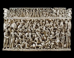 Roma sanatı: Marcoman (veya Marcomannic) savaşları sırasında Romalı savaşçılar ve barbarlar arasındaki savaşların sahnesi. Marc Aurele