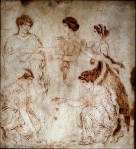 Roma sanatı: “” osselet çalgıcıları” Niobe ve dört kızı tarafından oynanırlar. MS 1. yüzyılda Herculaneum (Ercolano) mermeri üzerinde monokrom. karartmak 42x49 cm Museo Archeologico Nazionale, Napoli by Roman