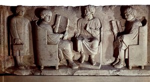Roma uygarlığı. Okul sahnesini gösteren kabartma. Eskiden İngilizce olarak Treves olarak bilinen Trier, Almanya