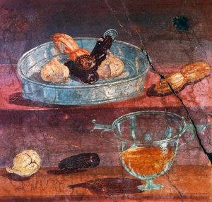 Sarımsak, hurma ve bal ile natürmort, meyveler arasında iki altın ve gümüş sikke, Geyik Evi, Herculaneum