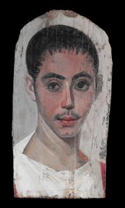 Tek Gözde Cerrahi Kesikli Bir Gençliğin Portresi, MS 190-210 (Ihlamur ağacı üzerine çini boya) by Roman Period Egyptian