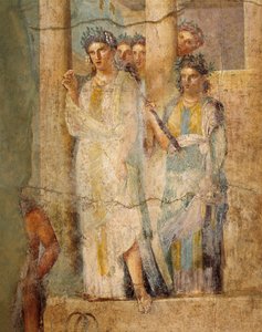 Boğa burcundaki Iphigenia'yı tasvir eden fresk, İtalya, Pompeii'deki L. Caecilius Giocondus Evi'nden hizmetçilerin detayı by Roman Roman