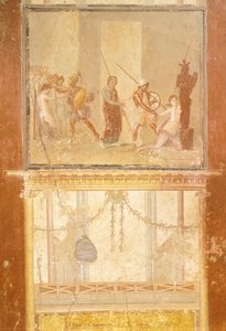 Menander Evi, Pompeii, Campania, Roma Medeniyeti'nden Priam, Menelaus ve Helen ile Cassandra'yı kovalayan Arisace'nin buluşmasını tasvir eden fresk by Roman Roman