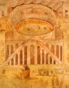 Pompeii, Campania, Roma Medeniyeti'nden amfitiyatroda Pompei'liler ve Nocerini arasındaki tartışmayı betimleyen fresk by Roman Roman