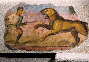 Gladyatör bir aslanla savaşıyor (fresk) by Roman Roman