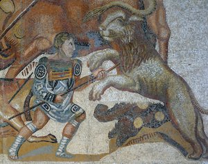 Vahşi bir hayvan avı sahnesini gösteren mozaik, vahşi bir hayvanı öldüren bir gladyatörün detayı by Roman Roman