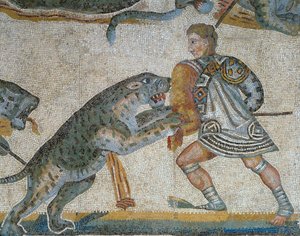 Vahşi bir hayvan avı sahnesini gösteren mozaik, vahşi bir hayvanı öldüren bir gladyatörün detayı by Roman Roman