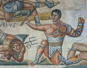 Gladyatörlerle savaşan bir sahneyi gösteren mozaik, muzaffer bir gladyatörün detayı by Roman Roman