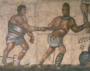 Gladyatör dövüş sahnesi olan mozaik, zırh giymiş bir gladyatörün detayı by Roman Roman