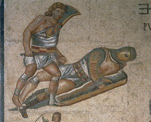 Gladyatör dövüş sahnesi olan mozaik, zırh giymiş bir gladyatörün detayı by Roman Roman