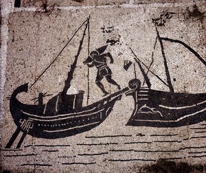 Ostia (Ostia) Antik, Place des Corporations Mozaiği. Bir tekne yükleniyor. by Roman Roman