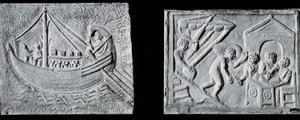 Bir ticaret gemisini betimleyen rölyef (Museo Nazionale, Roma) ve bir geminin boşaltılmasını betimleyen rölyef (Museo Torlonia, Roma) 3. veya 4. yüzyıl (taş) (s/b fotoğraf) by Roman Roman
