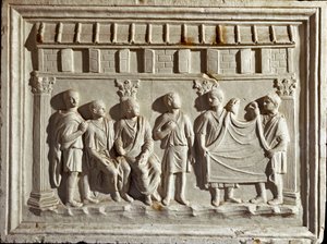Roma sanatı: bir kumaşı ve duvar halılarını temsil eden alçak kabartma kalıp. MS 2. yüzyıla ait bir orijinalden. Roma Museo della Civilta Romana by Roman Roman