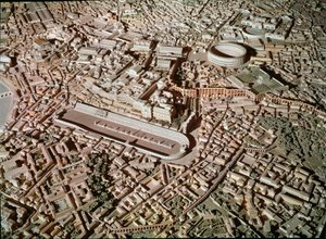 Roma sanatı: Antik dönemde Roma kentini betimleyen model. Merkezde, Circus Maximus veya Grand Circus tank yarışları için yedekler. Roma, Museo della Civilta romana - Roma Sanatı. Circus Maximus ve Etrüsk Duvarları. Yeniden yapılanma modelinden detay