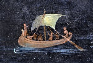 Roma sanatı: nehir sahnesi - bir nehirde (nehir) tekne ve denizciler - Napoli Arkeoloji Müzesi'nde korunan bir Pompei fresk parçası, İtalya - Museo Archeologico Nazionale, Napoli, Italia - Fotoğraf Patrice Cartier - by Roman Roman